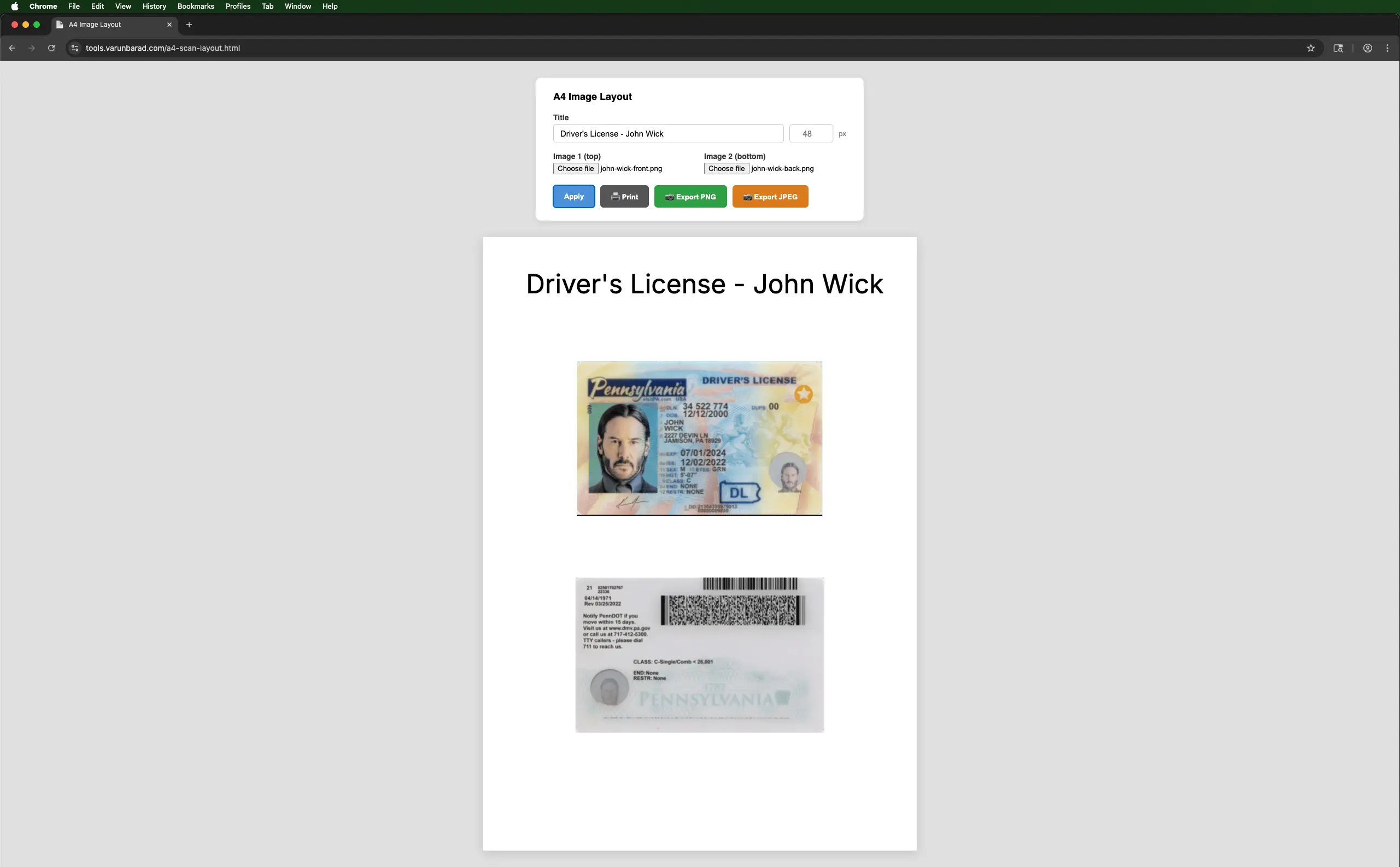 A definitely genuine driver's license for one John Wick