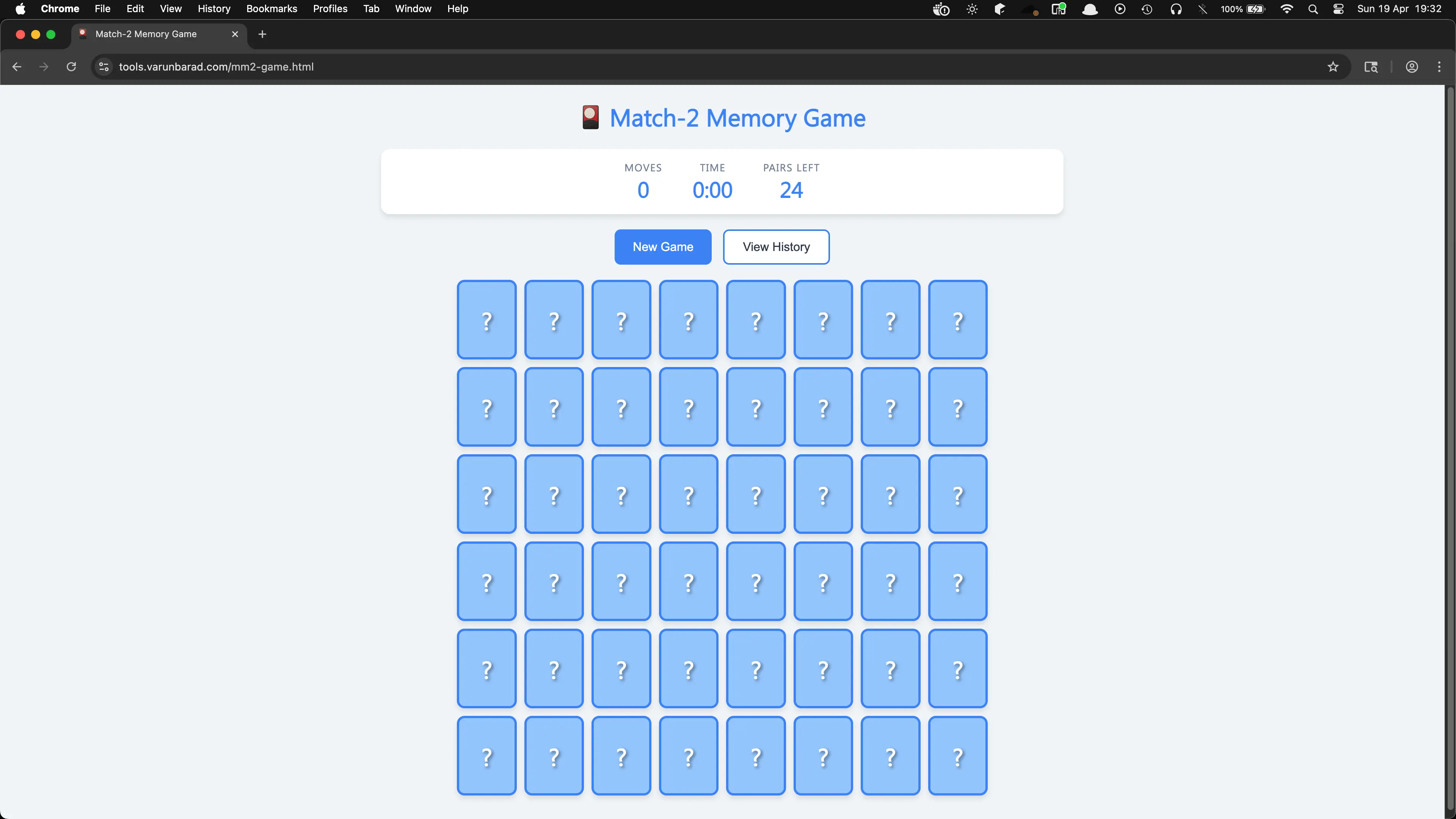 A blank board with all 48 cards face-down