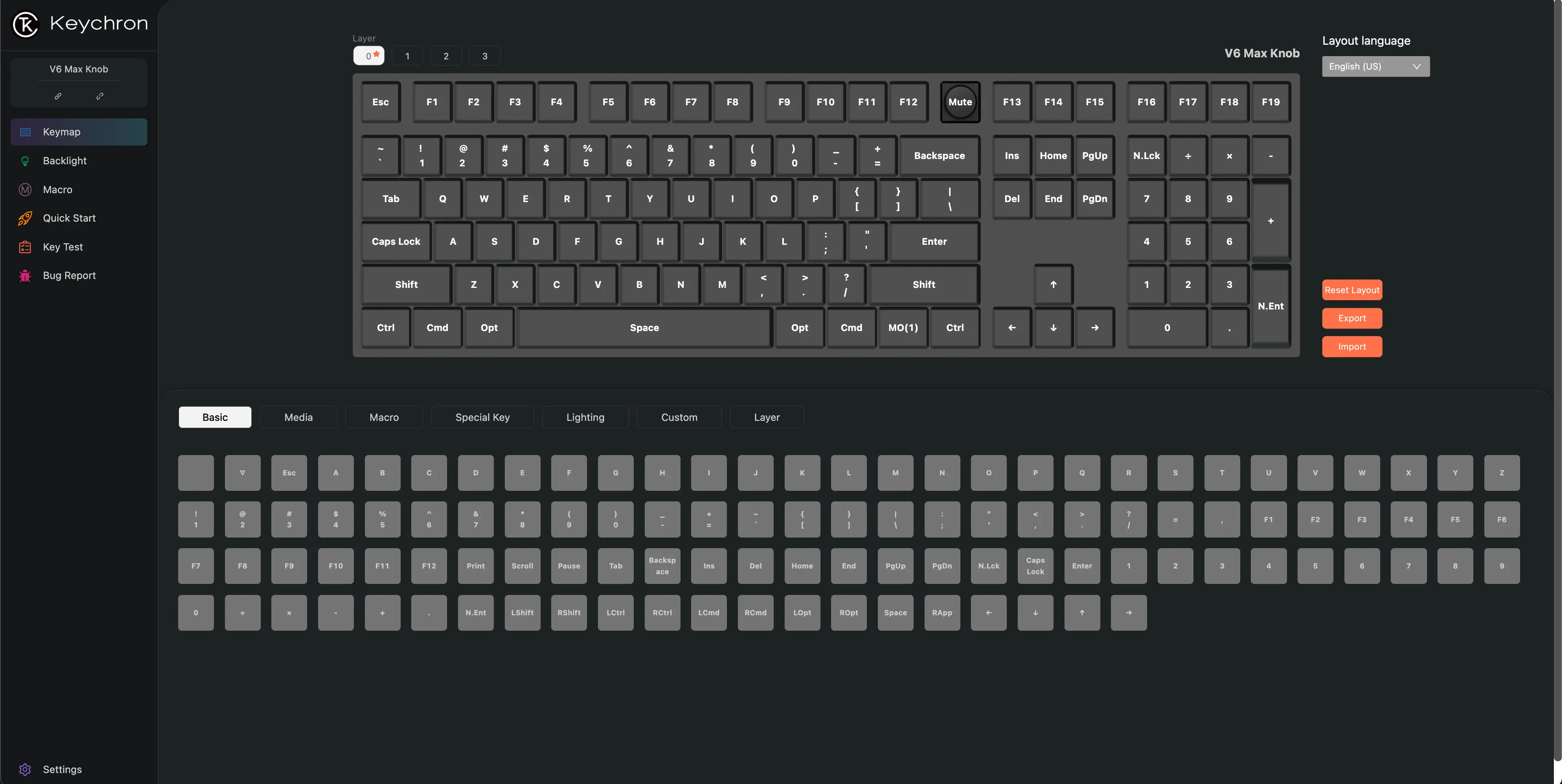 Screenshot of Keychron launcher opened with my current keyboard connected