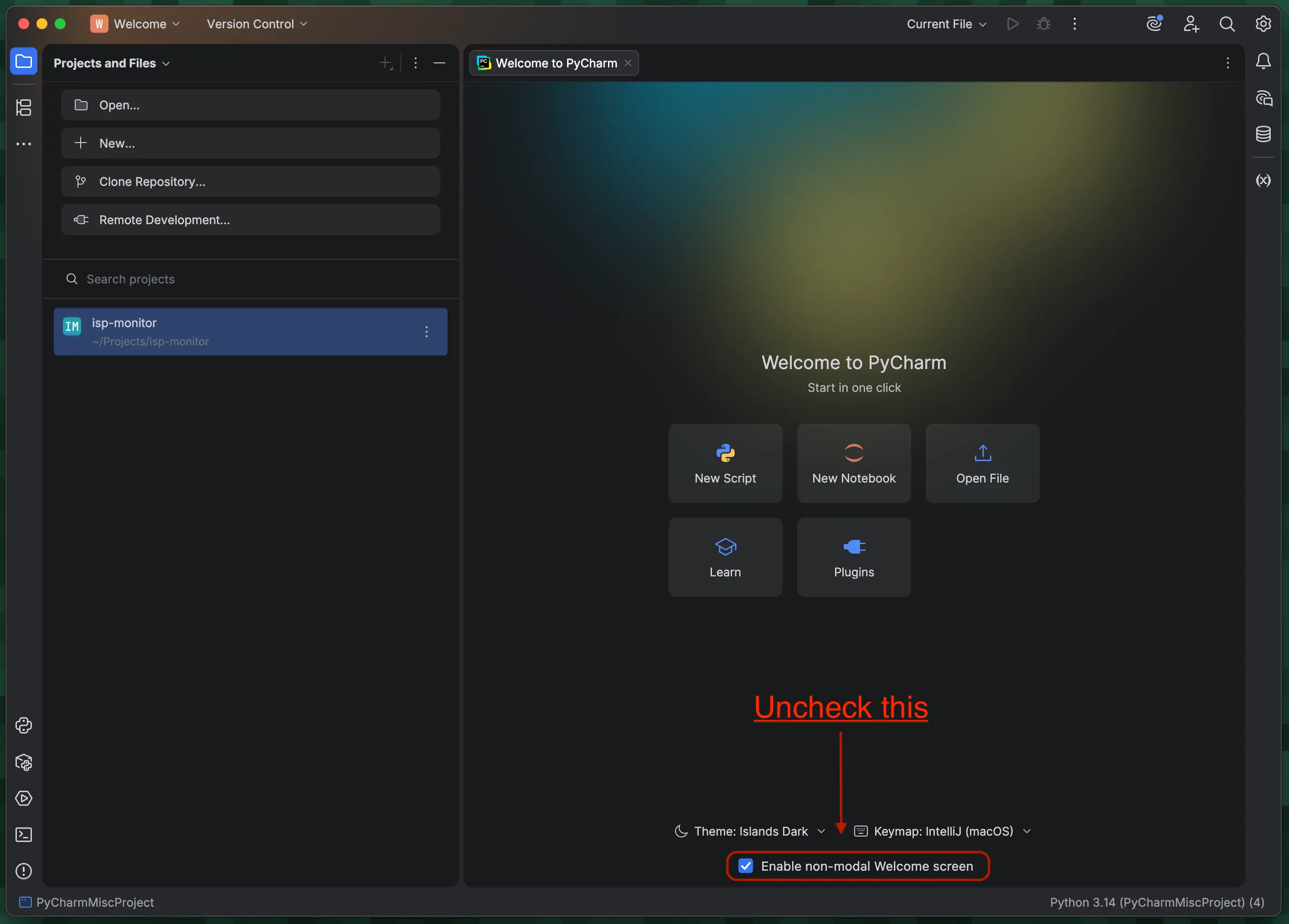 Screenshot of PyCharm with an arrow pointing to the checkbox that needs to be unchecked